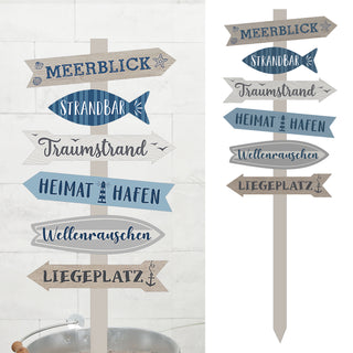 Strandschild Wegweiser maritim Schild Holzschild 76cm Gartendeko naturfarben blau 6 Planken verschiedene Schriften
