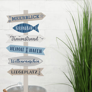 Strandschild Wegweiser maritim Schild Holzschild 76cm Gartendeko naturfarben blau 6 Planken verschiedene Schriften