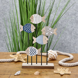 Deko Fische auf Ständer 15x24,5cm MDF Eisen naturfarben blau grau Fischschwarm Dekofische Holzfische