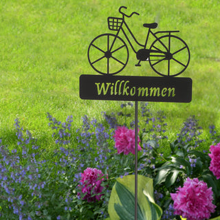 Gartenstecker Fahrrad "Willkommen"Metall schwarz 20x90cm Gartendekoration Metallstecker