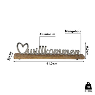Schriftzug 'Willkommen' silber 41x9x5cm Mangoholz Aluminium Dekoaufsteller Tischdeko Aufsteller