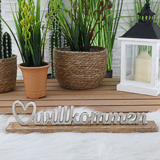 Schriftzug 'Willkommen' silber 41x9x5cm Mangoholz Aluminium Dekoaufsteller Tischdeko Aufsteller