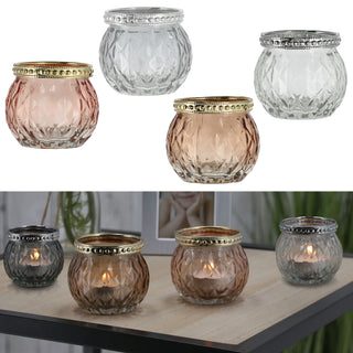 Teelichtglas 4er Set orientalisch Glas Ø6,5cm H5,7cm Windlicht weiß grau pink braun Leuchte Lampe Teelichthalter