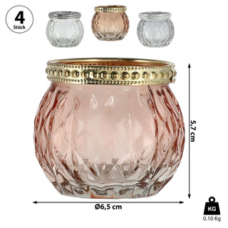 Teelichtglas 4er Set orientalisch Glas Ø6,5cm H5,7cm Windlicht weiß grau pink braun Leuchte Lampe Teelichthalter
