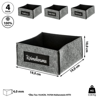 Aufbewahrungskorb Filz 4er Set Aufdruck vier Sprüche quadratisch Krimskram Schnick Schnack Tüdelkram Fette Beute Korb Box