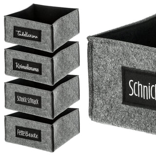 Aufbewahrungskorb Filz 4er Set Aufdruck vier Sprüche quadratisch Krimskram Schnick Schnack Tüdelkram Fette Beute Korb Box
