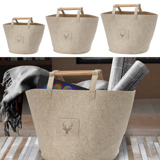 Filztaschen 3er Set Hirschkopf S/M/L beige/dunkelgrau Hirschmotiv Holzgriff Filzkorb Tasche Aufbewahrungstasche Korb