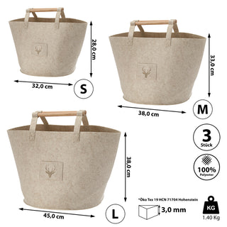 Filztaschen 3er Set Hirschkopf S/M/L beige/dunkelgrau Hirschmotiv Holzgriff Filzkorb Tasche Aufbewahrungstasche Korb