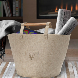 Filztaschen 3er Set Hirschkopf S/M/L beige/dunkelgrau Hirschmotiv Holzgriff Filzkorb Tasche Aufbewahrungstasche Korb