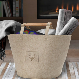 Filztaschen 3er Set Hirschkopf S/M/L beige/dunkelgrau Hirschmotiv Holzgriff Filzkorb Tasche Aufbewahrungstasche Korb
