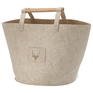 Filztaschen 3er Set Hirschkopf S/M/L beige/dunkelgrau Hirschmotiv Holzgriff Filzkorb Tasche Aufbewahrungstasche Korb