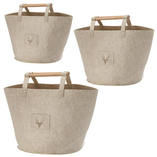 Filztaschen 3er Set Hirschkopf S/M/L beige/dunkelgrau Hirschmotiv Holzgriff Filzkorb Tasche Aufbewahrungstasche Korb