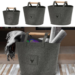 Filztaschen 3er Set Hirschkopf S/M/L beige/dunkelgrau Hirschmotiv Holzgriff Filzkorb Tasche Aufbewahrungstasche Korb