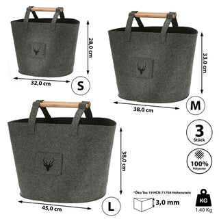 Filztaschen 3er Set Hirschkopf S/M/L beige/dunkelgrau Hirschmotiv Holzgriff Filzkorb Tasche Aufbewahrungstasche Korb
