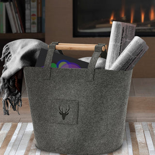 Filztaschen 3er Set Hirschkopf S/M/L beige/dunkelgrau Hirschmotiv Holzgriff Filzkorb Tasche Aufbewahrungstasche Korb