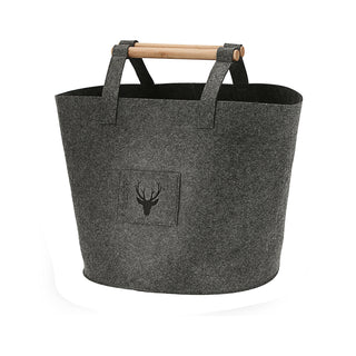 Filztaschen 3er Set Hirschkopf S/M/L beige/dunkelgrau Hirschmotiv Holzgriff Filzkorb Tasche Aufbewahrungstasche Korb