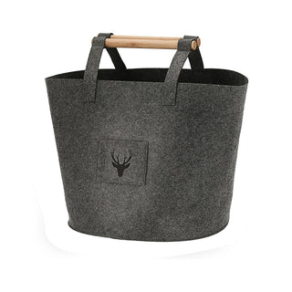 Filztaschen 3er Set Hirschkopf S/M/L beige/dunkelgrau Hirschmotiv Holzgriff Filzkorb Tasche Aufbewahrungstasche Korb