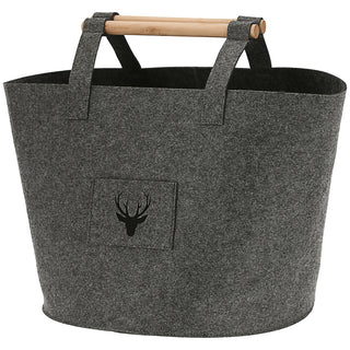 Filztaschen 3er Set Hirschkopf S/M/L beige/dunkelgrau Hirschmotiv Holzgriff Filzkorb Tasche Aufbewahrungstasche Korb