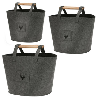 Filztaschen 3er Set Hirschkopf S/M/L beige/dunkelgrau Hirschmotiv Holzgriff Filzkorb Tasche Aufbewahrungstasche Korb