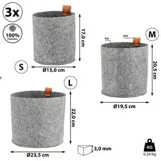 Filzkorb 3er Set Aufbewahrungskorb hell-/dunkelgrau S:Ø15x17cm;M:Ø19,5x20,5cm;L:Ø23x22cm PVC Schlaufe Henkelkorb Filzkorb Körbchen Ordnungskorb
