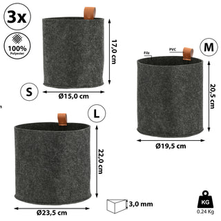 Filzkorb 3er Set Aufbewahrungskorb hell-/dunkelgrau S:Ø15x17cm;M:Ø19,5x20,5cm;L:Ø23x22cm PVC Schlaufe Henkelkorb Filzkorb Körbchen Ordnungskorb