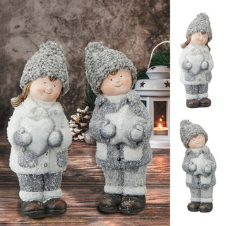 Winterkinder Junge Mädchen H:15/21cm Kinderpaar Paar Terracotta Polyester Frostlook Herz Stern Winterdekoration Dekofigur