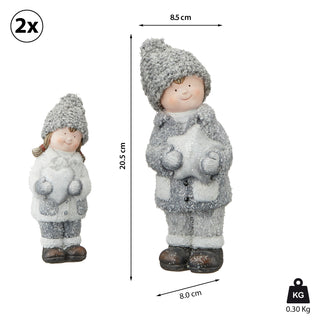 Winterkinder Junge Mädchen H:15/21cm Kinderpaar Paar Terracotta Polyester Frostlook Herz Stern Winterdekoration Dekofigur