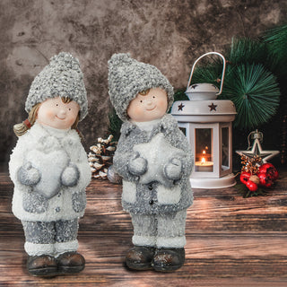 Winterkinder Junge Mädchen H:15/21cm Kinderpaar Paar Terracotta Polyester Frostlook Herz Stern Winterdekoration Dekofigur