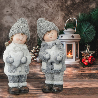 Winterkinder Junge Mädchen H:15/21cm Kinderpaar Paar Terracotta Polyester Frostlook Herz Stern Winterdekoration Dekofigur