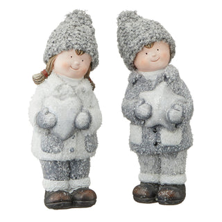 Winterkinder Junge Mädchen H:15/21cm Kinderpaar Paar Terracotta Polyester Frostlook Herz Stern Winterdekoration Dekofigur
