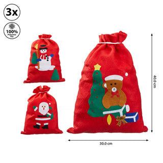 Geschenksack 3er Set 3 Motive 30x40cm Filz Santa Schneemann Bär Kordelzug Säckchen Stoffsack Beutel Geschenktasche