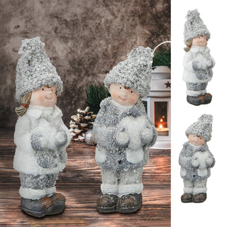 Winterkinder Junge Mädchen H:15/21cm Kinderpaar Paar Terracotta Polyester Frostlook Herz Stern Winterdekoration Dekofigur