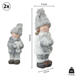 Winterkinder Junge Mädchen H:15/21cm Kinderpaar Paar Terracotta Polyester Frostlook Herz Stern Winterdekoration Dekofigur