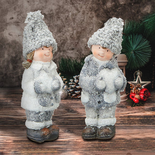 Winterkinder Junge Mädchen H:15/21cm Kinderpaar Paar Terracotta Polyester Frostlook Herz Stern Winterdekoration Dekofigur