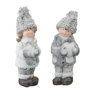 Winterkinder Junge Mädchen H:15/21cm Kinderpaar Paar Terracotta Polyester Frostlook Herz Stern Winterdekoration Dekofigur