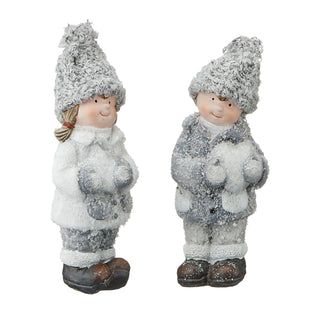 Winterkinder Junge Mädchen H:15/21cm Kinderpaar Paar Terracotta Polyester Frostlook Herz Stern Winterdekoration Dekofigur
