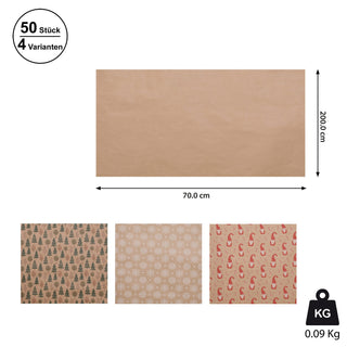 Geschenkpapier Nature 50er Pack 4 Motive à 6 Stück naturfarben bunt Weihnachten Weihnachtsmotiv 70x200cm Verpackung Papier Geschenkpapierrolle
