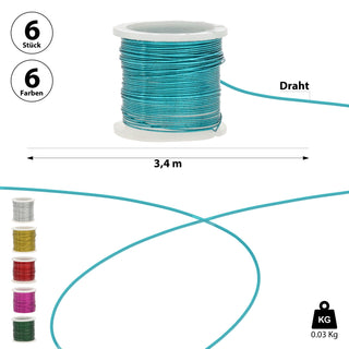 Basteldraht 6er Set 3,40m Eisen gold silber pink rot grün türkis Wickeldraht Floristikdraht Draht zum Basteln Deko Gestecke Adventskranz Blumendekoration