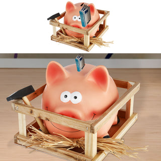 Sparschwein Stall Hammer rosa 14x12cm Steingut Holz Spardose Sparbüchse Schwein Gatter Holzverschlag