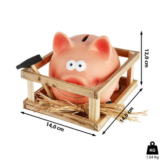 Sparschwein Stall Hammer rosa 14x12cm Steingut Holz Spardose Sparbüchse Schwein Gatter Holzverschlag