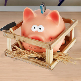 Sparschwein Stall Hammer rosa 14x12cm Steingut Holz Spardose Sparbüchse Schwein Gatter Holzverschlag