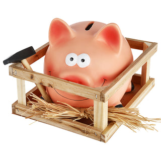 Sparschwein Stall Hammer rosa 14x12cm Steingut Holz Spardose Sparbüchse Schwein Gatter Holzverschlag