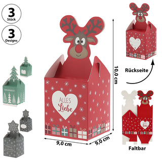 Süßigkeitenbox 3er Set 3 Weihnachts-Motive Papier 8,5x10x8,5cm Pralinenschachtel Geschenkverpackung Pappschachtel Boxen