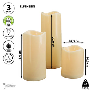 LED Kerzenset 3er Set Outdoor Timerfunktion batteriebetrieben 3 Größen elfenbein LED-Kerze warmweiß Flackerfunktion