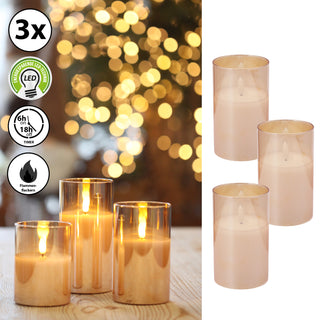 3x LED Echtwachs-Kerze im Glas gold H:12,5/15,0 B7,5cm Kerzenset Flackerfunktion Timerfunktion