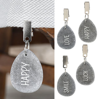 Tischdeckenbeschwerer 4er Set Naturstein Metall 4,5x6x1cm Tischdeckenhalterung Steine bedruckt Happy Luck Love Smile