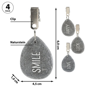 Tischdeckenbeschwerer 4er Set Naturstein Metall 4,5x6x1cm Tischdeckenhalterung Steine bedruckt Happy Luck Love Smile