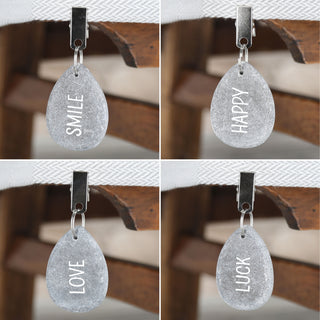 Tischdeckenbeschwerer 4er Set Naturstein Metall 4,5x6x1cm Tischdeckenhalterung Steine bedruckt Happy Luck Love Smile