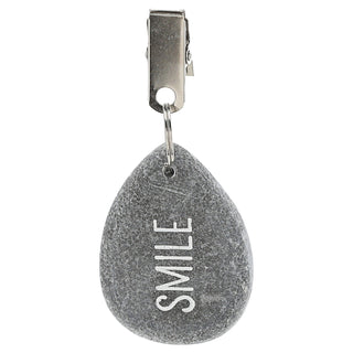Tischdeckenbeschwerer 4er Set Naturstein Metall 4,5x6x1cm Tischdeckenhalterung Steine bedruckt Happy Luck Love Smile