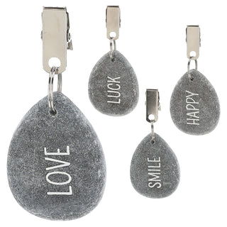 Tischdeckenbeschwerer 4er Set Naturstein Metall 4,5x6x1cm Tischdeckenhalterung Steine bedruckt Happy Luck Love Smile